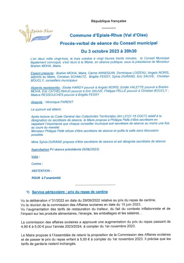 Procès-verbal du conseil municipal du 3 octobre 2023